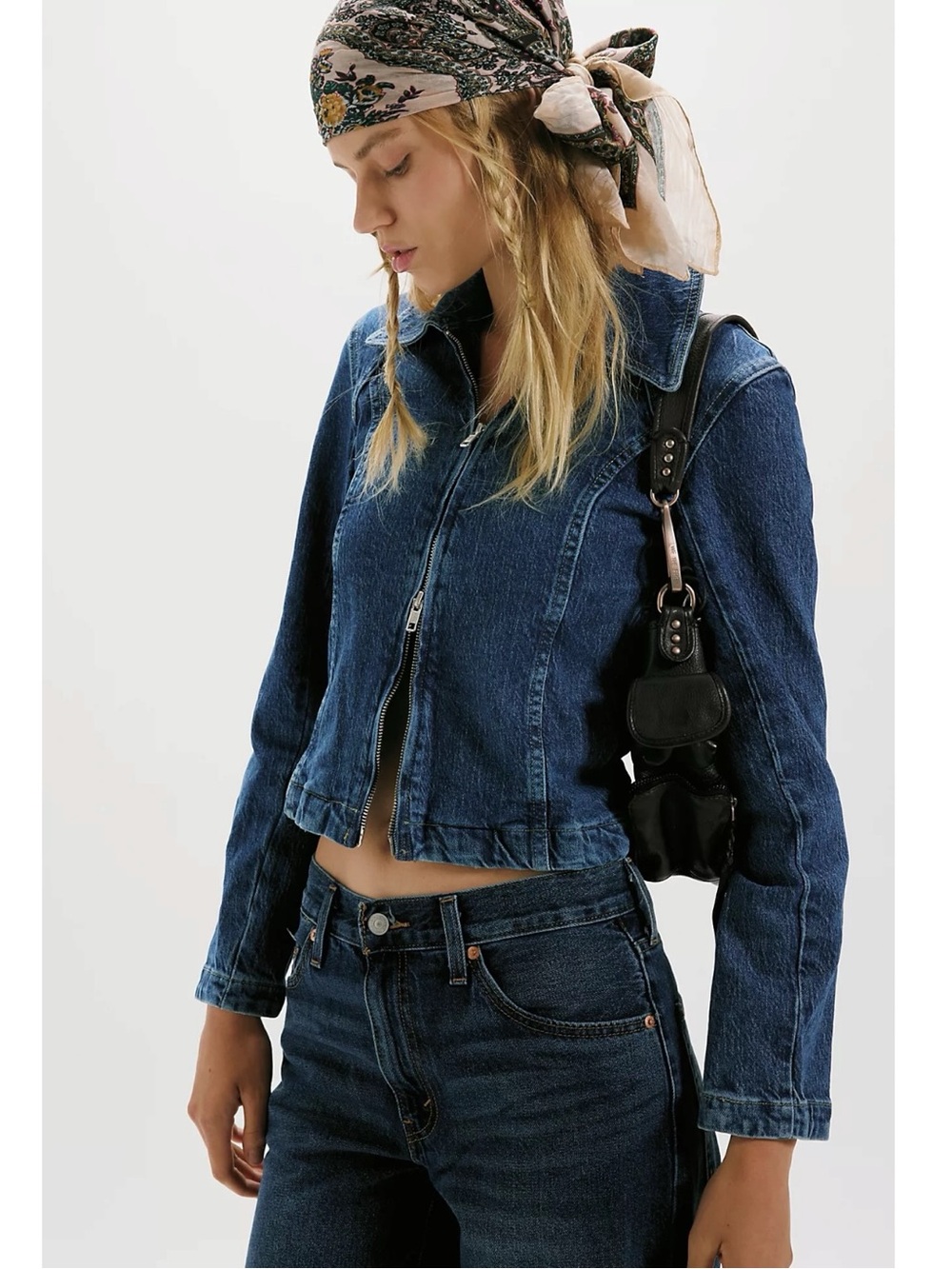Free People Retro Y2K 90s Double Zip River Denim Jean Jacket in Blue NWT Large - Picture 1 of 11